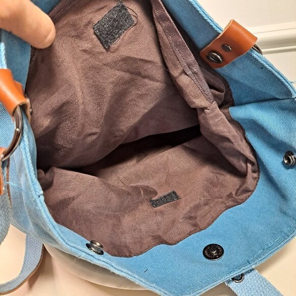 Light Blue Denim Backpack with Camel PU Trim, 2 Sections, Pockets, EUC main image 5
